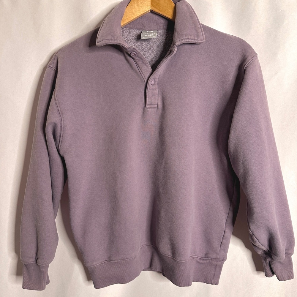 ARITZIA TNA Cozy Fleece Boyfriend 1/4 Button Sweatshirt XXS Purple Pullover